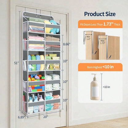 1 Pack Over The Door Organizer, Hanging Storage Organizer With Clear Window, 40lb Ultra Sturdy Large Capacity Room Organizer For Pantry Laundry Bathroom Nursery Closet Essential (Grey)