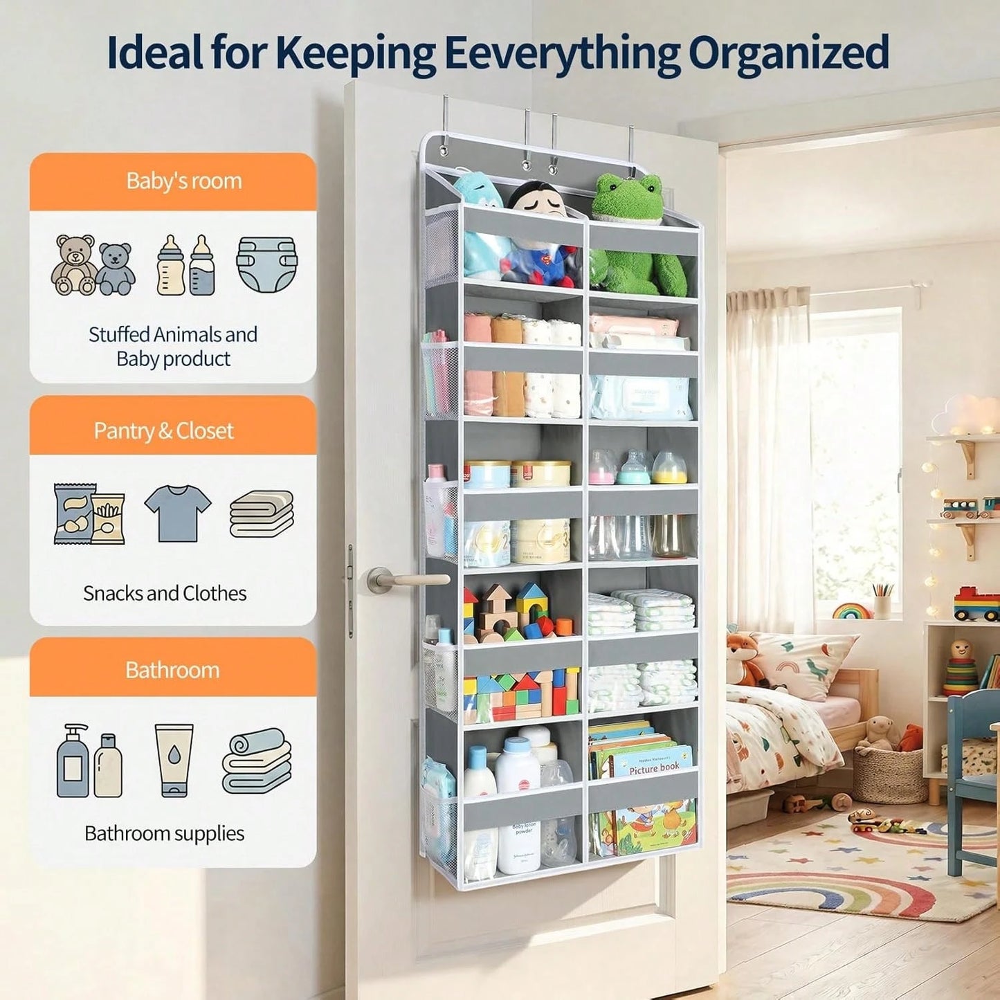 1 Pack Over The Door Organizer, Hanging Storage Organizer With Clear Window, 40lb Ultra Sturdy Large Capacity Room Organizer For Pantry Laundry Bathroom Nursery Closet Essential (Grey)