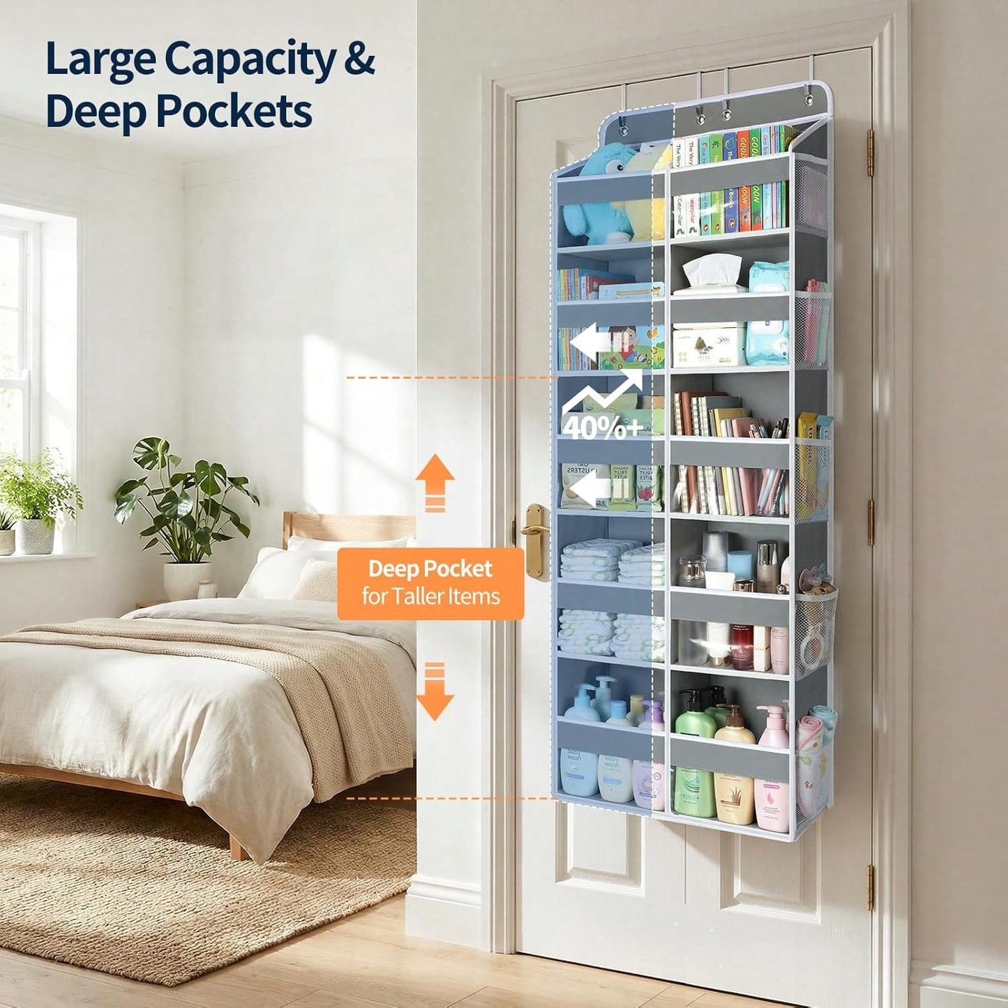 1 Pack Over The Door Organizer, Hanging Storage Organizer With Clear Window, 40lb Ultra Sturdy Large Capacity Room Organizer For Pantry Laundry Bathroom Nursery Closet Essential (Grey)