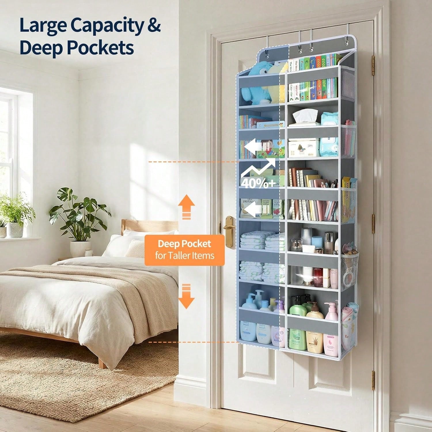 1 Pack Over The Door Organizer, Hanging Storage Organizer With Clear Window, 40lb Ultra Sturdy Large Capacity Room Organizer For Pantry Laundry Bathroom Nursery Closet Essential (Grey)