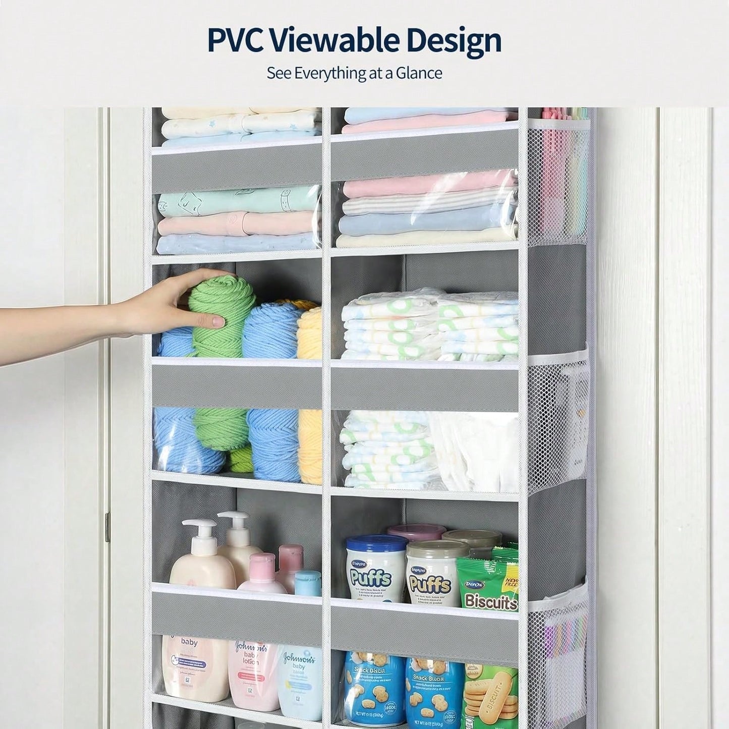 1 Pack Over The Door Organizer, Hanging Storage Organizer With Clear Window, 40lb Ultra Sturdy Large Capacity Room Organizer For Pantry Laundry Bathroom Nursery Closet Essential (Grey)