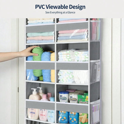 1 Pack Over The Door Organizer, Hanging Storage Organizer With Clear Window, 40lb Ultra Sturdy Large Capacity Room Organizer For Pantry Laundry Bathroom Nursery Closet Essential (Grey)