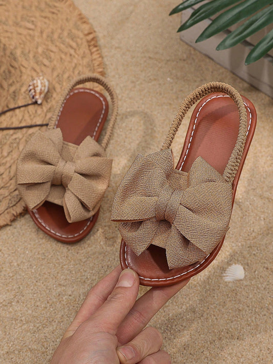 1 Pair Coffee Brown Plus Size Girls' Flat Sandals, Solid Color Mesh Bow Decor Adjustable Strap Round Toe Non-Slip Lightweight Sole, Fashion Cute Roman Beach Sandals Suitable For 3-15 Years Old Female