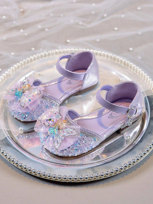 1 Pair Girls' Glossy Closed Toe Soft Bottom Sandals, Mermaid Princess Bow Crystal Shoes, Round Toe Flat Fashion Slip-On Suitable For 2-12 Years Old