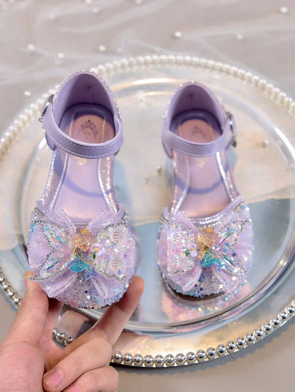 1 Pair Girls' Glossy Closed Toe Soft Bottom Sandals, Mermaid Princess Bow Crystal Shoes, Round Toe Flat Fashion Slip-On Suitable For 2-12 Years Old
