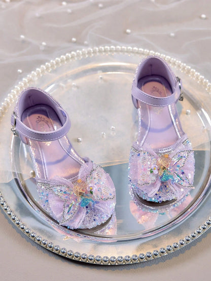 1 Pair Girls' Glossy Closed Toe Soft Bottom Sandals, Mermaid Princess Bow Crystal Shoes, Round Toe Flat Fashion Slip-On Suitable For 2-12 Years Old