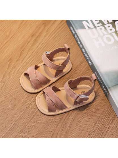 1 Pair Girls Retro PU Material Tied Strap Design Flat Comfortable Infant Sandals, Suitable For Summer Toddler Shoes