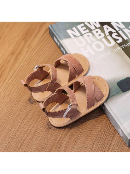 1 Pair Girls Retro PU Material Tied Strap Design Flat Comfortable Infant Sandals, Suitable For Summer Toddler Shoes