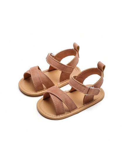 1 Pair Girls Retro PU Material Tied Strap Design Flat Comfortable Infant Sandals, Suitable For Summer Toddler Shoes