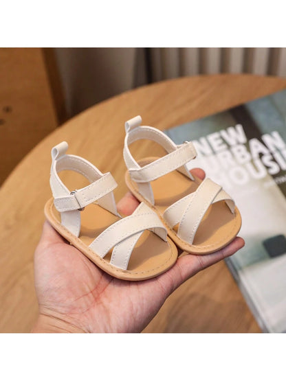1 Pair Girls Retro PU Material Tied Strap Design Flat Comfortable Infant Sandals, Suitable For Summer Toddler Shoes