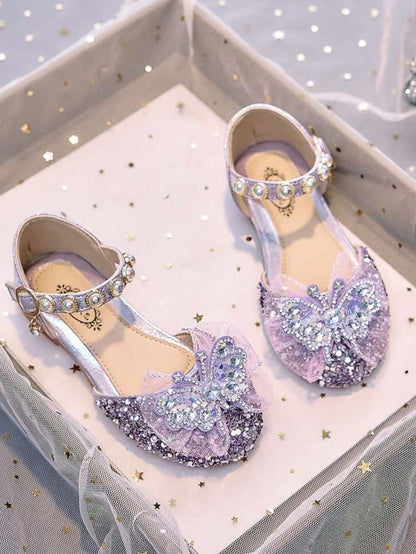 1 Pair Girls' Rhinestone Closed Toe Ballet Flats, Soft Sole Butterfly Pearl Crystal Glossy Princess Sandals For Daily Casual Wear