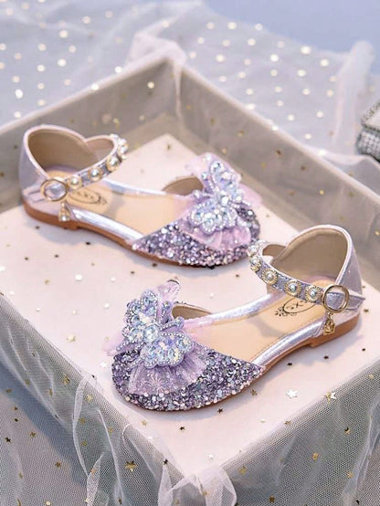 1 Pair Girls' Rhinestone Closed Toe Ballet Flats, Soft Sole Butterfly Pearl Crystal Glossy Princess Sandals For Daily Casual Wear