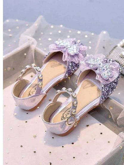 1 Pair Girls' Rhinestone Closed Toe Ballet Flats, Soft Sole Butterfly Pearl Crystal Glossy Princess Sandals For Daily Casual Wear