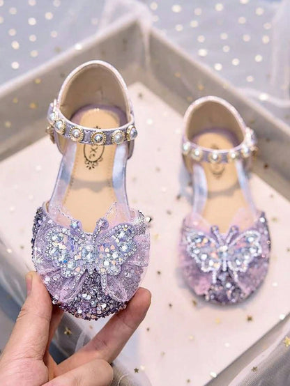 1 Pair Girls' Rhinestone Closed Toe Ballet Flats, Soft Sole Butterfly Pearl Crystal Glossy Princess Sandals For Daily Casual Wear