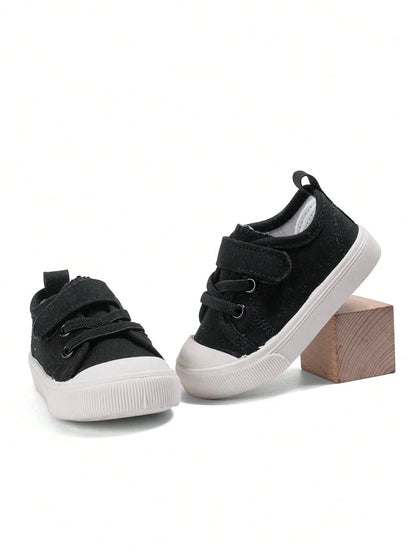 1 Pair Unisex Kids Black Classic Minimalist Versatile Canvas Sneakers, Hook And Loop Strap Design, Soft Sole Comfortable Breathable Lightweight Casual Baby Shoes Suitable For Daily Wear, Outdoor Activ