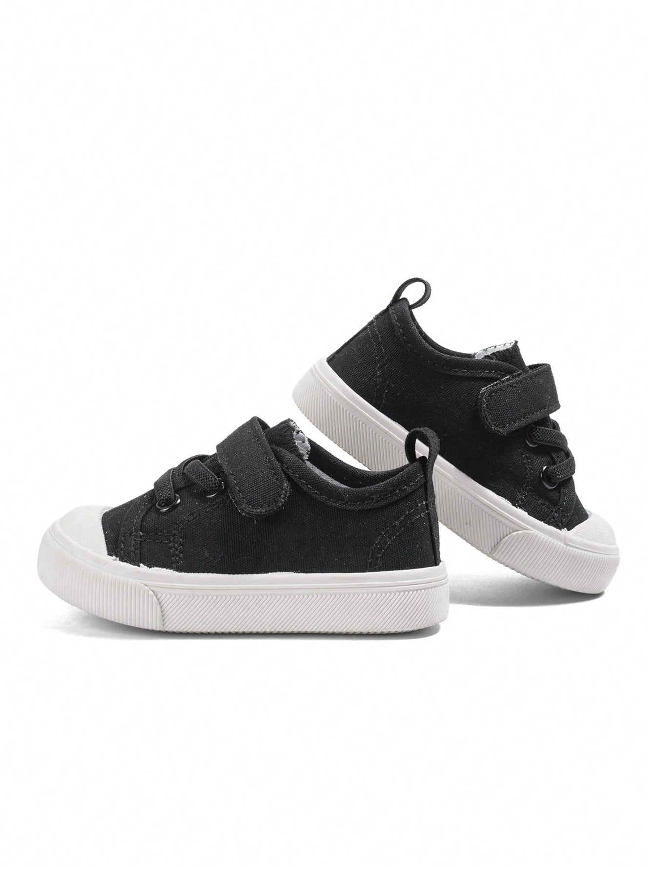 1 Pair Unisex Kids Black Classic Minimalist Versatile Canvas Sneakers, Hook And Loop Strap Design, Soft Sole Comfortable Breathable Lightweight Casual Baby Shoes Suitable For Daily Wear, Outdoor Activ
