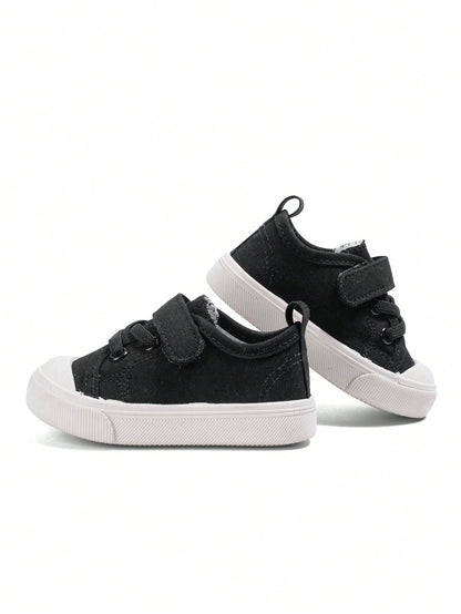 1 Pair Unisex Kids Black Classic Minimalist Versatile Canvas Sneakers, Hook And Loop Strap Design, Soft Sole Comfortable Breathable Lightweight Casual Baby Shoes Suitable For Daily Wear, Outdoor Activ