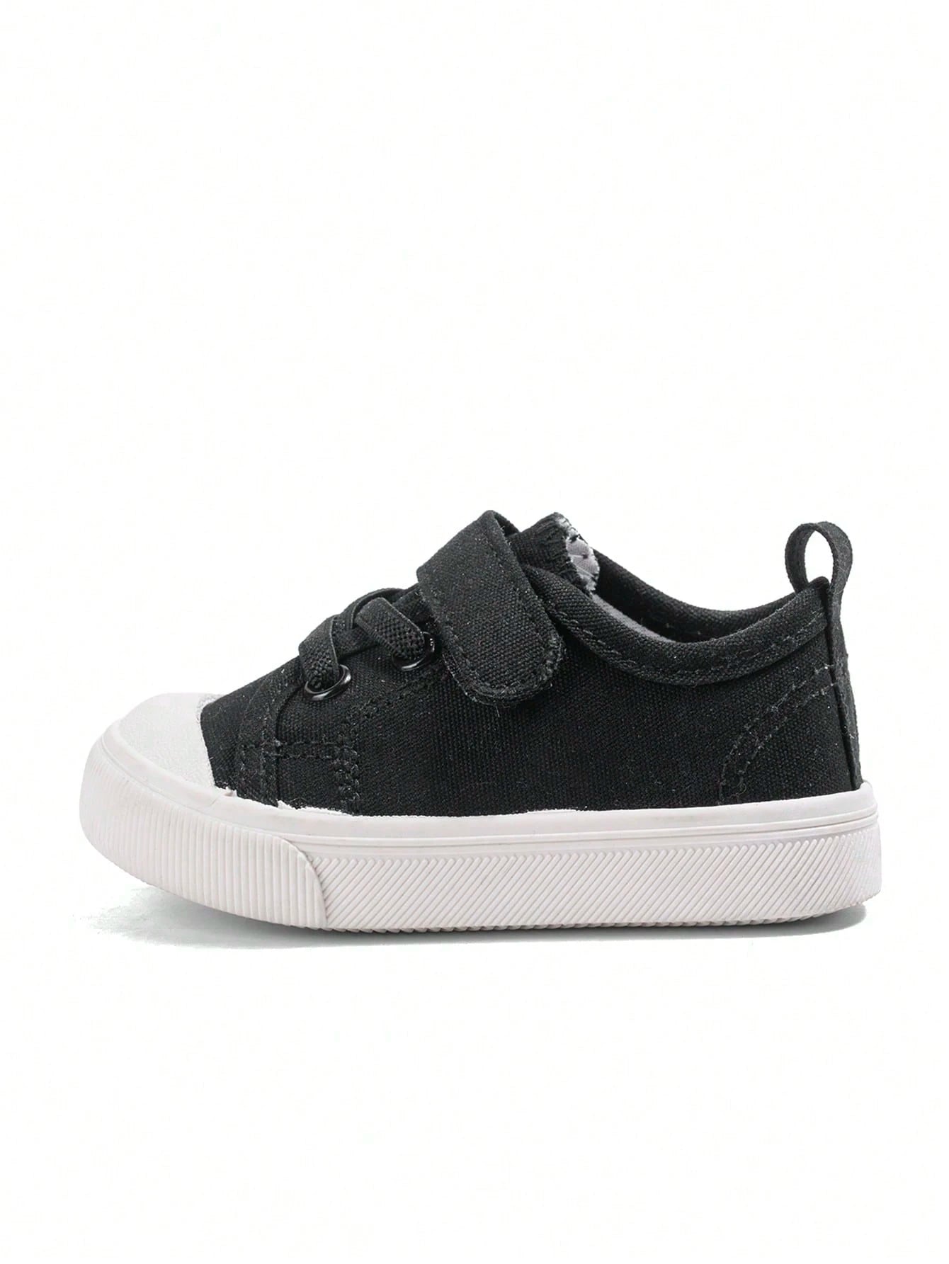 1 Pair Unisex Kids Black Classic Minimalist Versatile Canvas Sneakers, Hook And Loop Strap Design, Soft Sole Comfortable Breathable Lightweight Casual Baby Shoes Suitable For Daily Wear, Outdoor Activ
