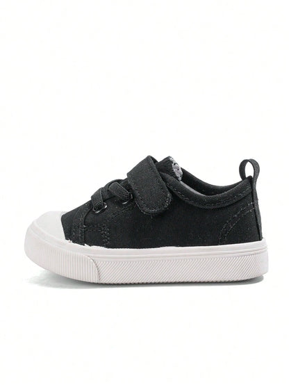 1 Pair Unisex Kids Black Classic Minimalist Versatile Canvas Sneakers, Hook And Loop Strap Design, Soft Sole Comfortable Breathable Lightweight Casual Baby Shoes Suitable For Daily Wear, Outdoor Activ