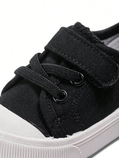 1 Pair Unisex Kids Black Classic Minimalist Versatile Canvas Sneakers, Hook And Loop Strap Design, Soft Sole Comfortable Breathable Lightweight Casual Baby Shoes Suitable For Daily Wear, Outdoor Activ