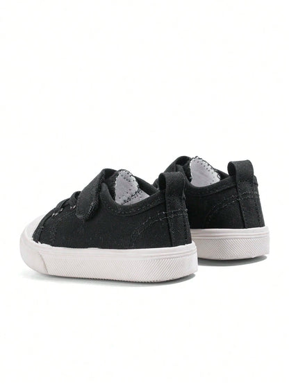 1 Pair Unisex Kids Black Classic Minimalist Versatile Canvas Sneakers, Hook And Loop Strap Design, Soft Sole Comfortable Breathable Lightweight Casual Baby Shoes Suitable For Daily Wear, Outdoor Activ