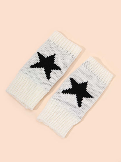 1 Pair Women's Star Print Fingerless Thumb Hole Knitted Wrist Length Mitten Gloves, Warm And Comfortable Fabric, Y2K Style Halloween