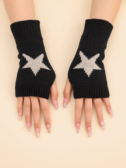 1 Pair Women's Star Print Fingerless Thumb Hole Knitted Wrist Length Mitten Gloves, Warm And Comfortable Fabric, Y2K Style Halloween