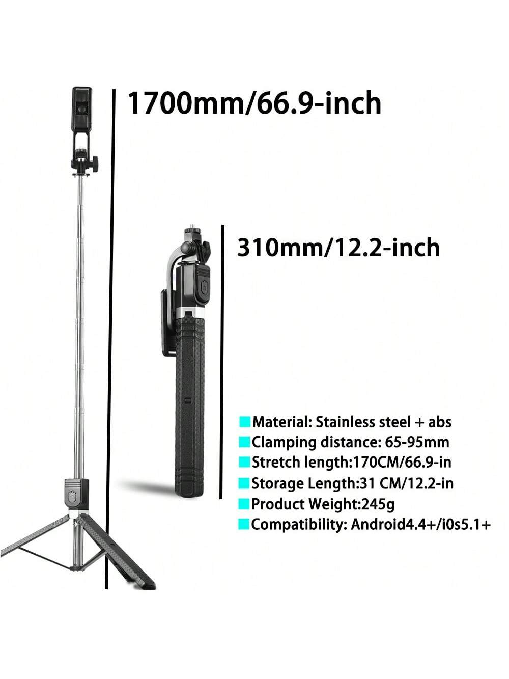 1 Pc 1700mm, 66.9-Inch Portable Wireless Selfie Stick With Tripod Stand And Standard 1/4"Screw Compatible With IPhone Android Phone Mobile Phone Suitable For Live Streaming, Vlog, Family Gatherings, C