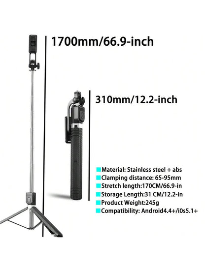 1 Pc 1700mm, 66.9-Inch Portable Wireless Selfie Stick With Tripod Stand And Standard 1/4"Screw Compatible With IPhone Android Phone Mobile Phone Suitable For Live Streaming, Vlog, Family Gatherings, C