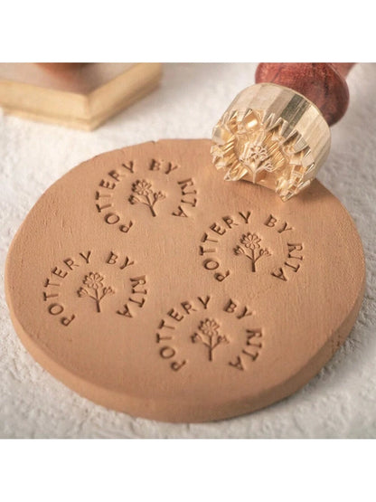 1 PC 4cm Custom Clay Stamp, Initial Ceramic Stamp With Wooden Handle, Custom Soap Stamp In Brass, Personalized Signature Brass Stamp For Pottery