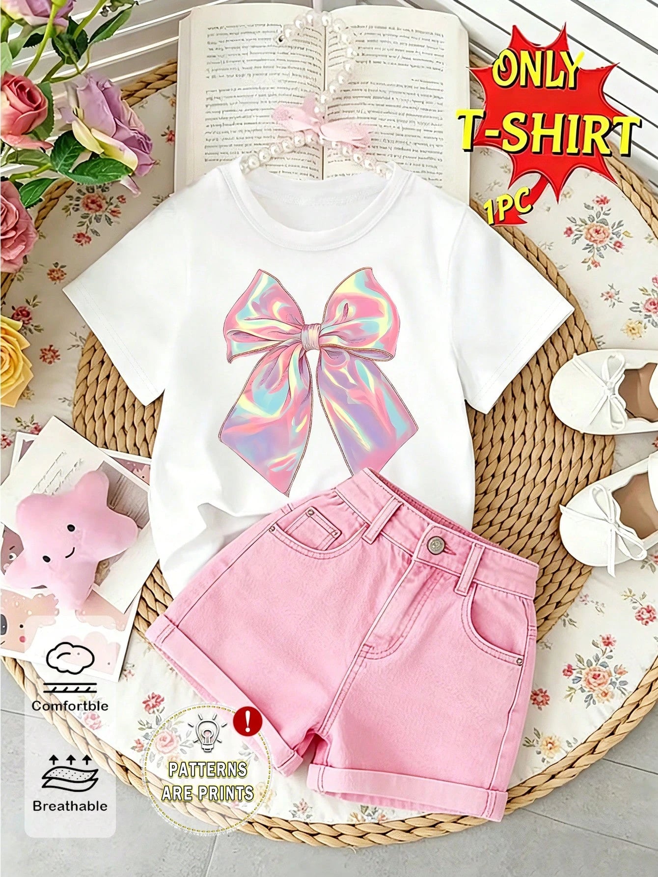 (1 Pc) Baby Girl Fresh Cute Minimalist Pink Colorful Bow Pattern Basic White Short T-Shirt, Comfortable For All Seasons, Daily Wear
