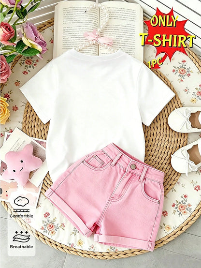 (1 Pc) Baby Girl Fresh Cute Minimalist Pink Colorful Bow Pattern Basic White Short T-Shirt, Comfortable For All Seasons, Daily Wear