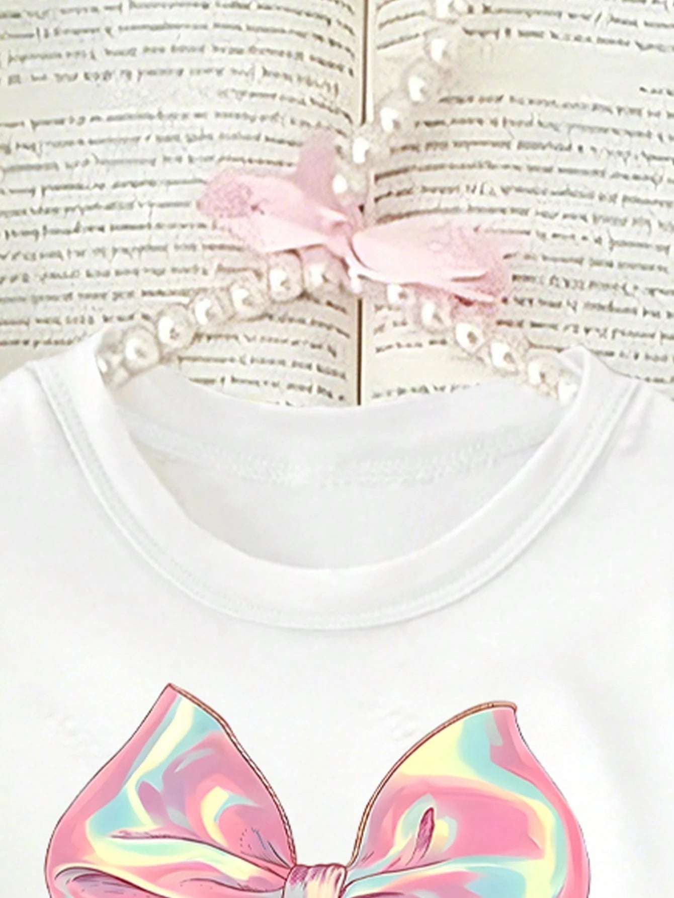 (1 Pc) Baby Girl Fresh Cute Minimalist Pink Colorful Bow Pattern Basic White Short T-Shirt, Comfortable For All Seasons, Daily Wear