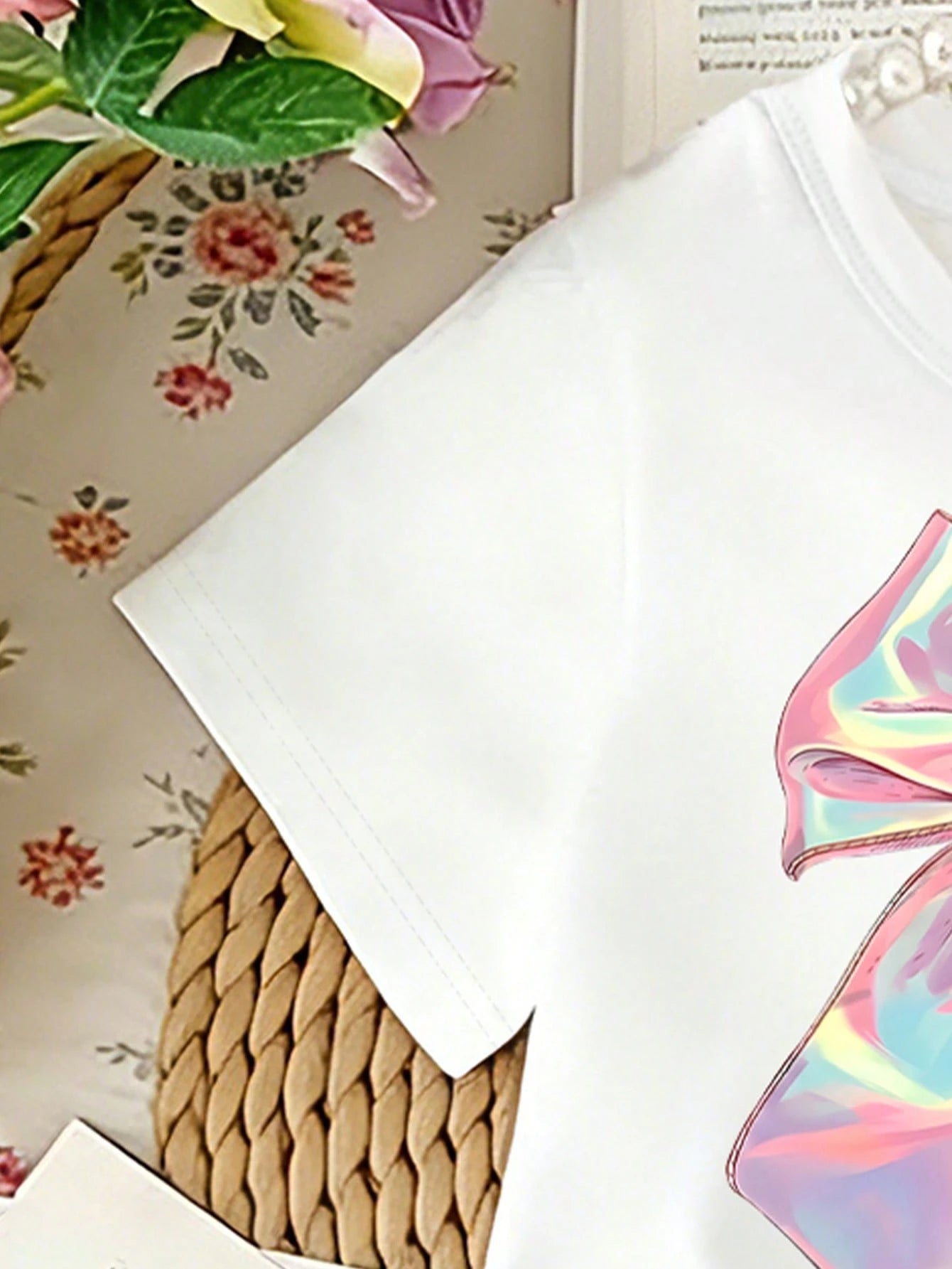 (1 Pc) Baby Girl Fresh Cute Minimalist Pink Colorful Bow Pattern Basic White Short T-Shirt, Comfortable For All Seasons, Daily Wear