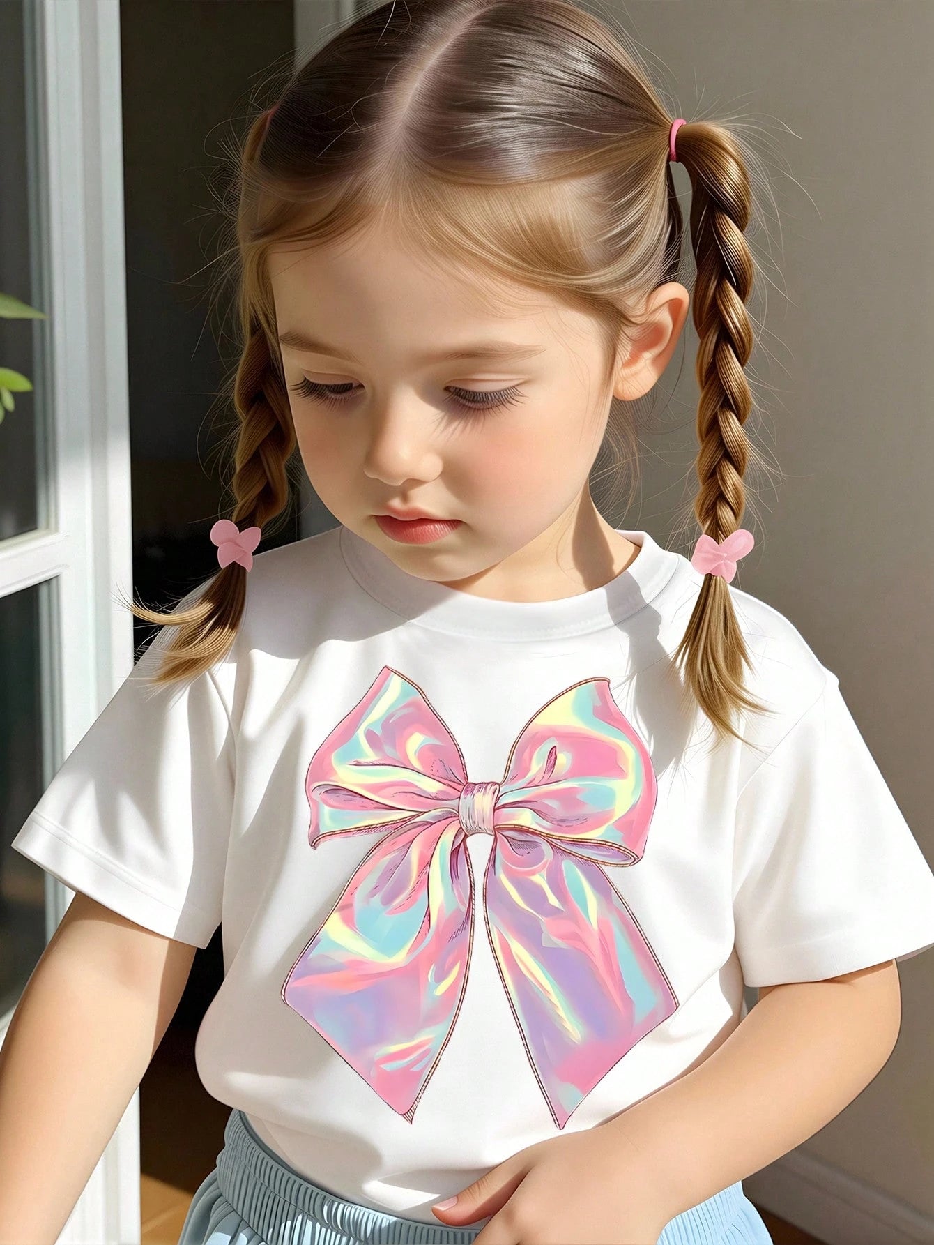 (1 Pc) Baby Girl Fresh Cute Minimalist Pink Colorful Bow Pattern Basic White Short T-Shirt, Comfortable For All Seasons, Daily Wear