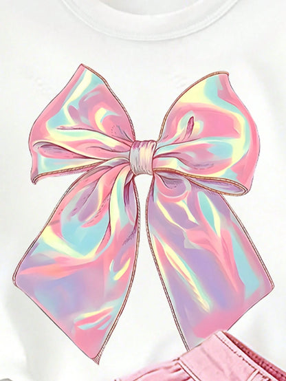 (1 Pc) Baby Girl Fresh Cute Minimalist Pink Colorful Bow Pattern Basic White Short T-Shirt, Comfortable For All Seasons, Daily Wear