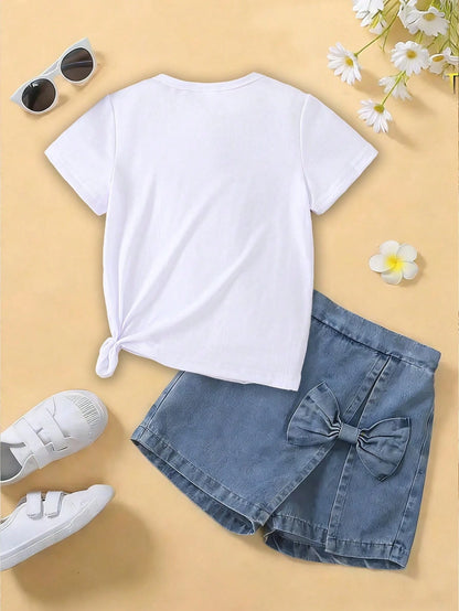 (1 Pc) Baby Girl Fresh Cute Minimalist Pink Colorful Bow Pattern Basic White Short T-Shirt, Comfortable For All Seasons, Daily Wear
