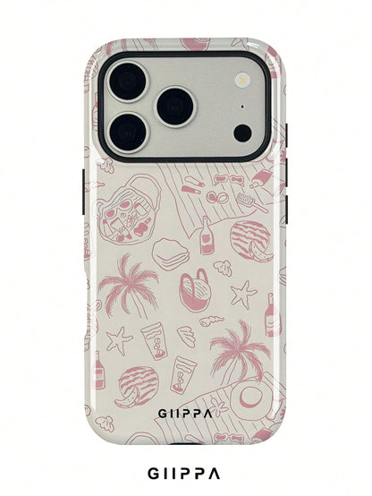 1 Piece Beige Background With Vintage Pink Starfish, Palm Tree, Shell Pattern Design Phone 17 Pro Max Case, Fits 16 Pro Max, 15 Pro Max, 14 Pro Max, Korean Stylish And Interesting Phone Case, Compatib