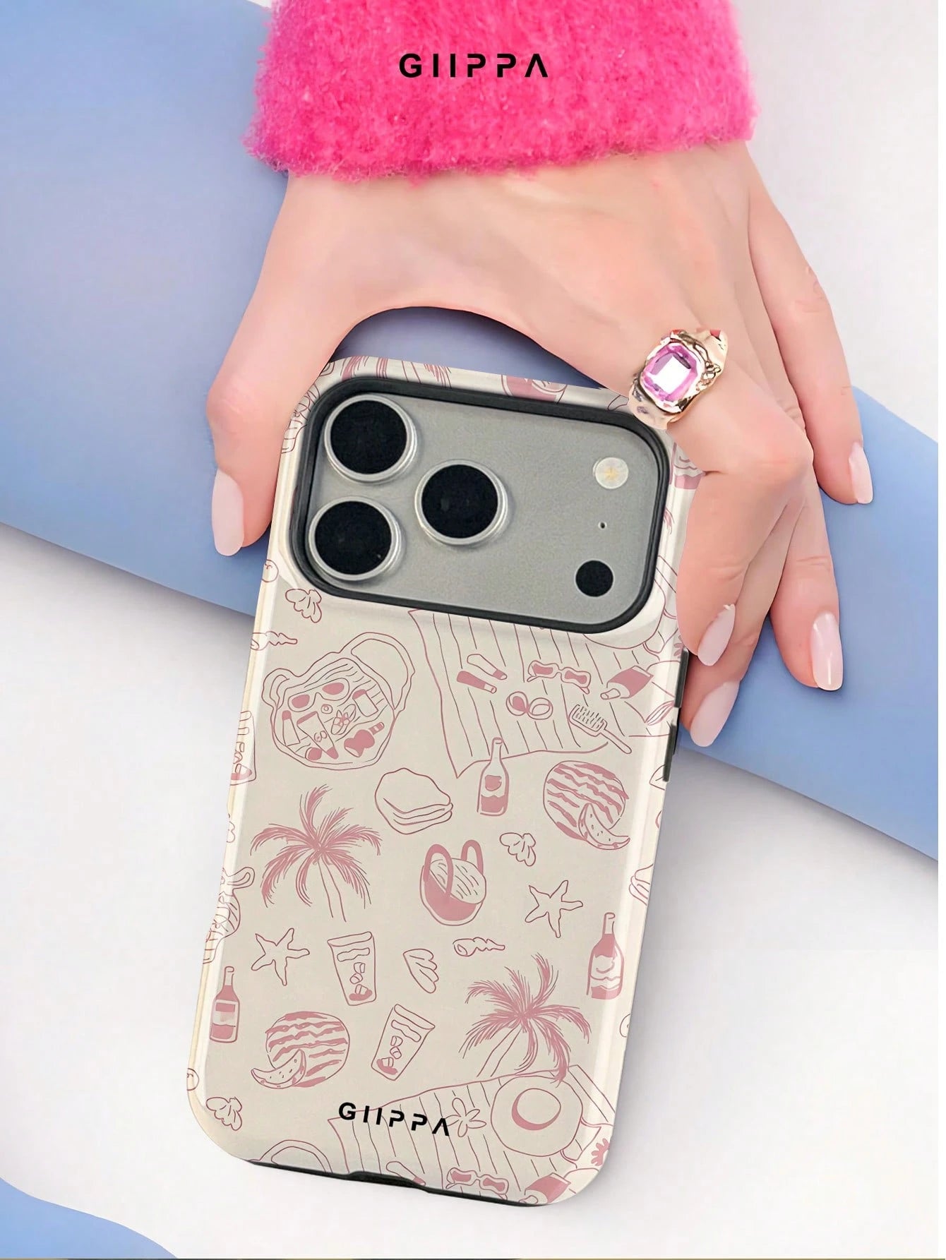 1 Piece Beige Background With Vintage Pink Starfish, Palm Tree, Shell Pattern Design Phone 17 Pro Max Case, Fits 16 Pro Max, 15 Pro Max, 14 Pro Max, Korean Stylish And Interesting Phone Case, Compatib