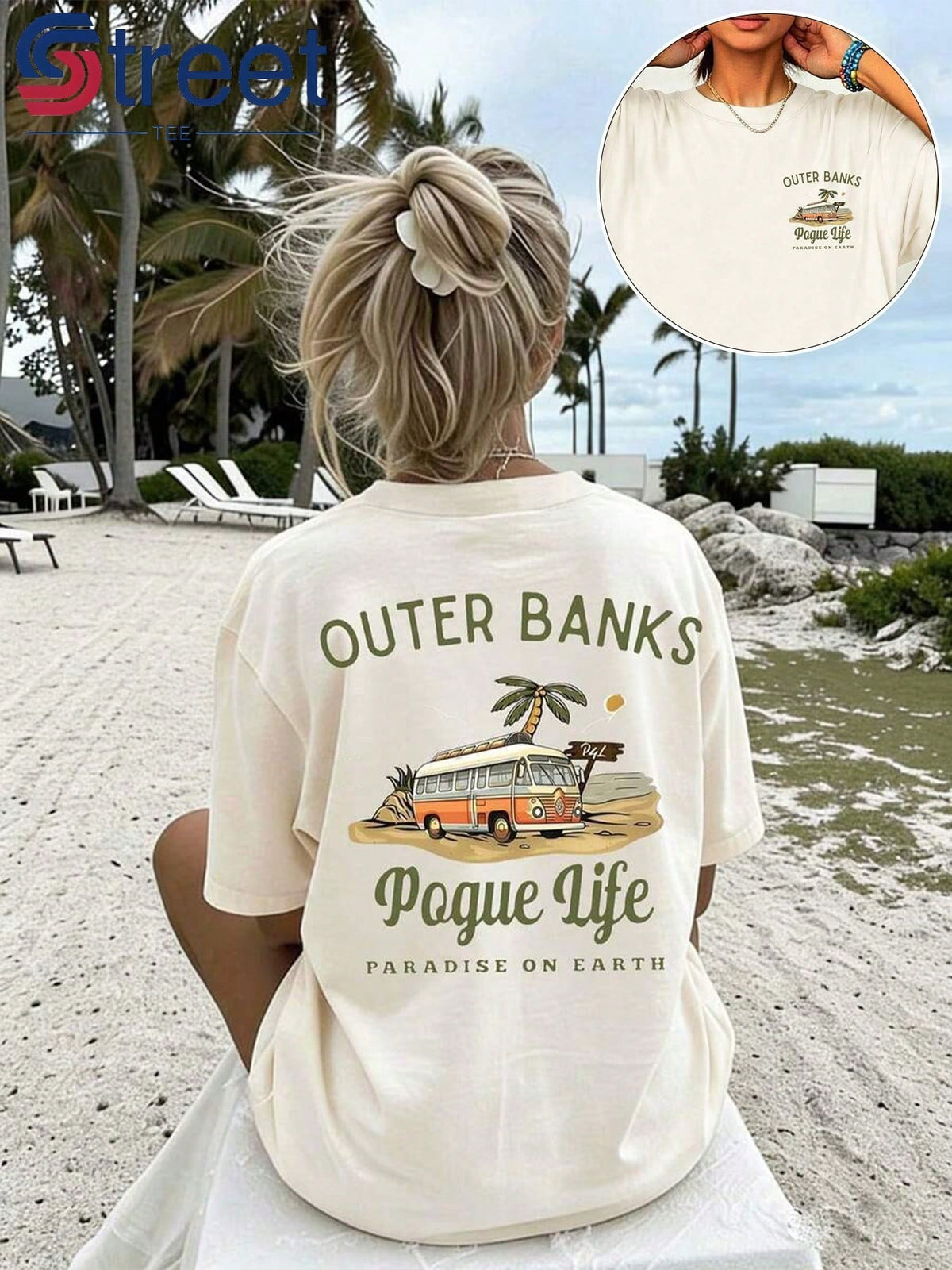 1 Piece Bus Print T-Shirt, European And American Retro Style, Loose-Fitting Short Sleeves, Beach Vacation Style Top,, Suitable For Everyday Summer