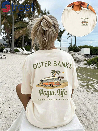 1 Piece Bus Print T-Shirt, European And American Retro Style, Loose-Fitting Short Sleeves, Beach Vacation Style Top,, Suitable For Everyday Summer