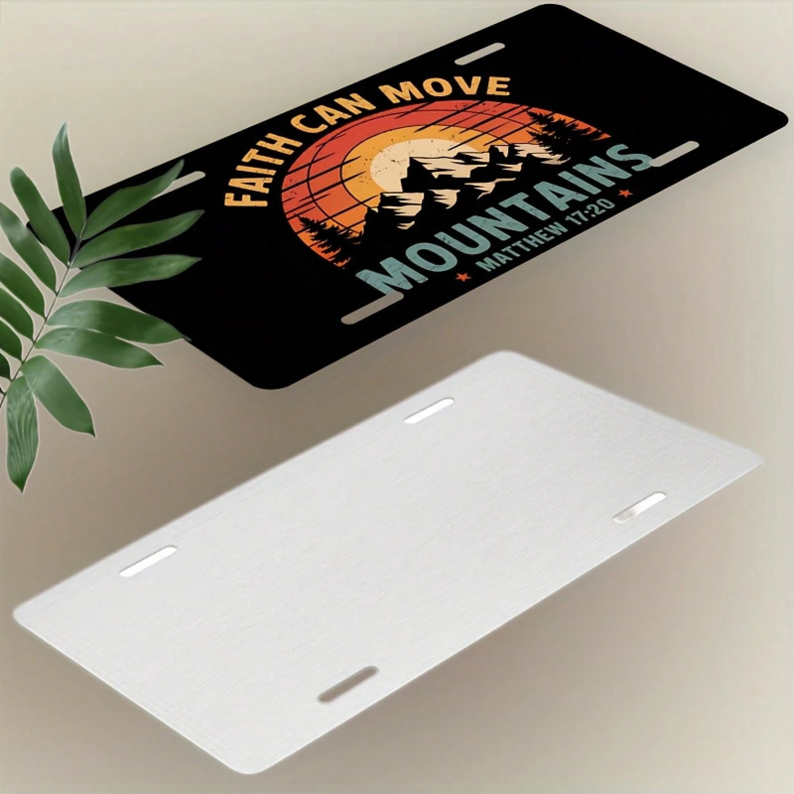 1 Piece "Faith Can Move Mountains" Aluminum License Plate, 6x12 Inch, Featuring A Sunset Mountain Design And A Bible (Matthew 17:20) Unisex, Suitable For All Car, Religious Car Accessories, Car Decor
