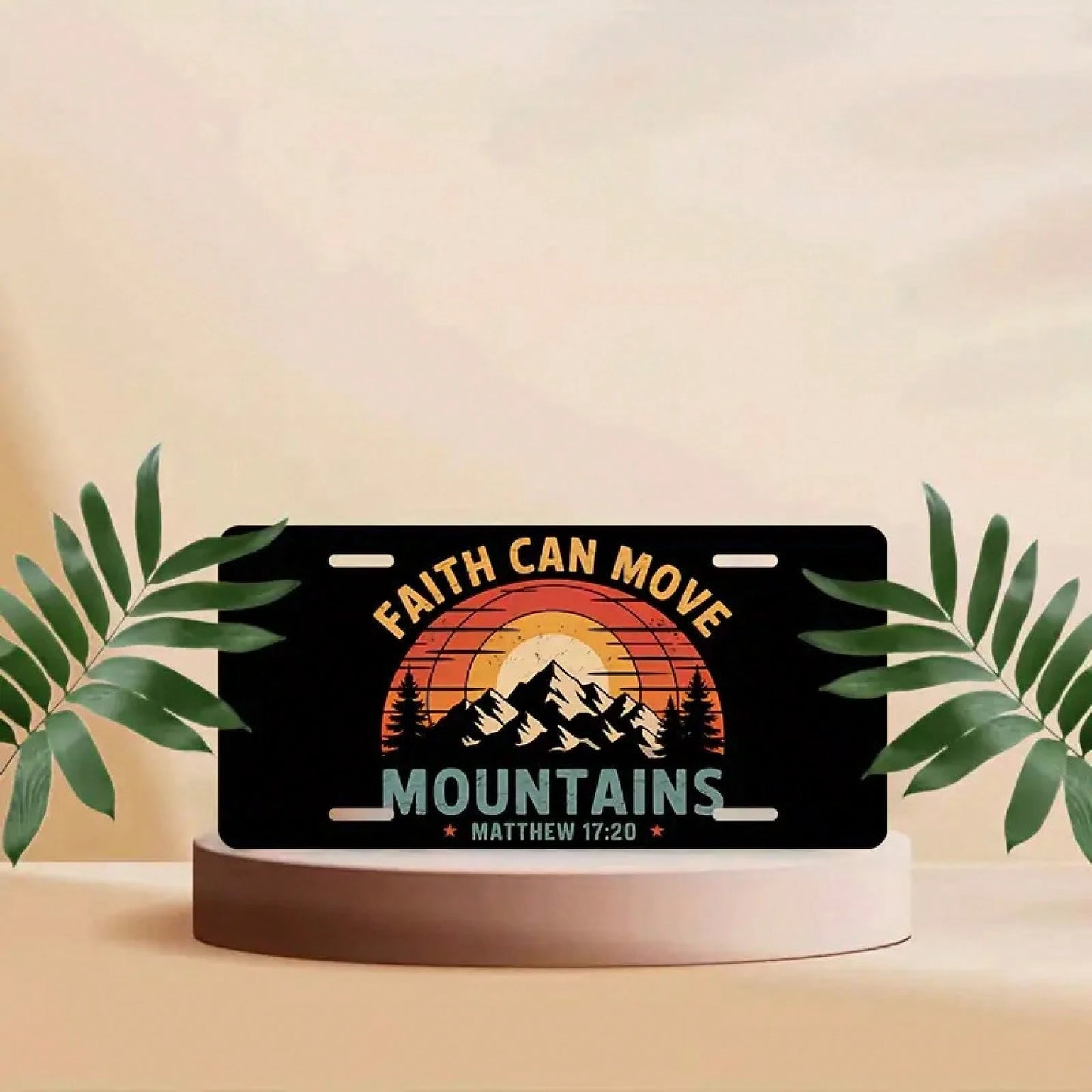 1 Piece "Faith Can Move Mountains" Aluminum License Plate, 6x12 Inch, Featuring A Sunset Mountain Design And A Bible (Matthew 17:20) Unisex, Suitable For All Car, Religious Car Accessories, Car Decor