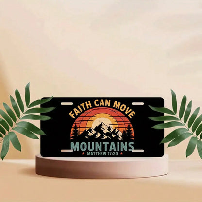1 Piece "Faith Can Move Mountains" Aluminum License Plate, 6x12 Inch, Featuring A Sunset Mountain Design And A Bible (Matthew 17:20) Unisex, Suitable For All Car, Religious Car Accessories, Car Decor