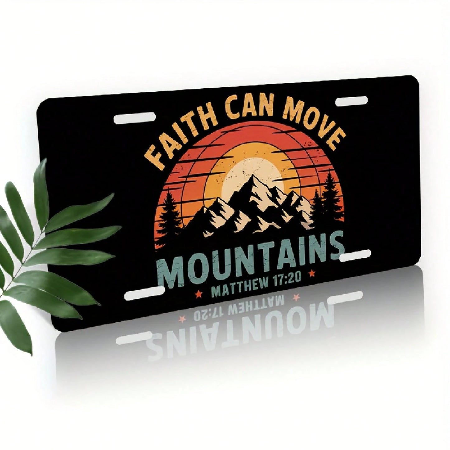 1 Piece "Faith Can Move Mountains" Aluminum License Plate, 6x12 Inch, Featuring A Sunset Mountain Design And A Bible (Matthew 17:20) Unisex, Suitable For All Car, Religious Car Accessories, Car Decor