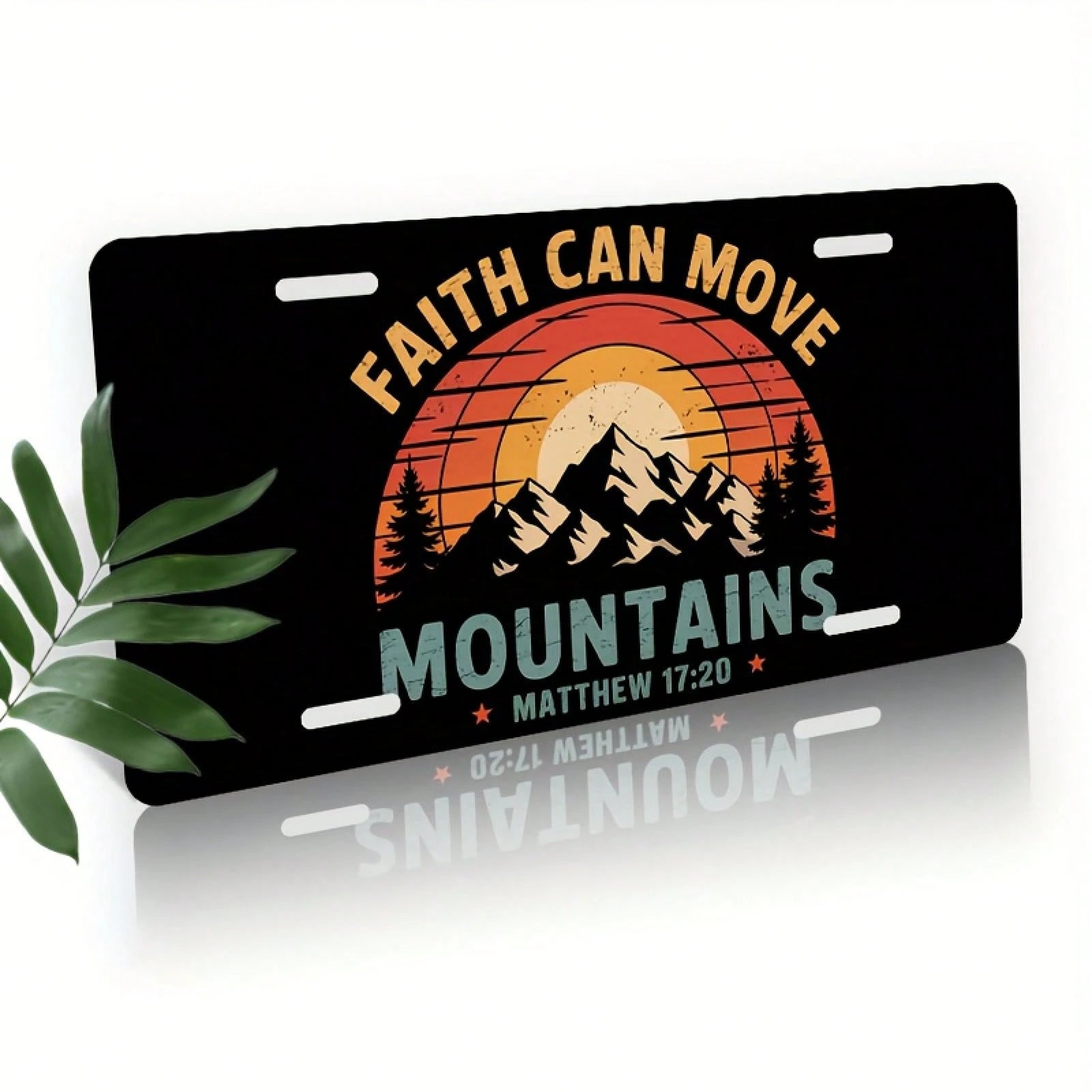 1 Piece "Faith Can Move Mountains" Aluminum License Plate, 6x12 Inch, Featuring A Sunset Mountain Design And A Bible (Matthew 17:20) Unisex, Suitable For All Car, Religious Car Accessories, Car Decor