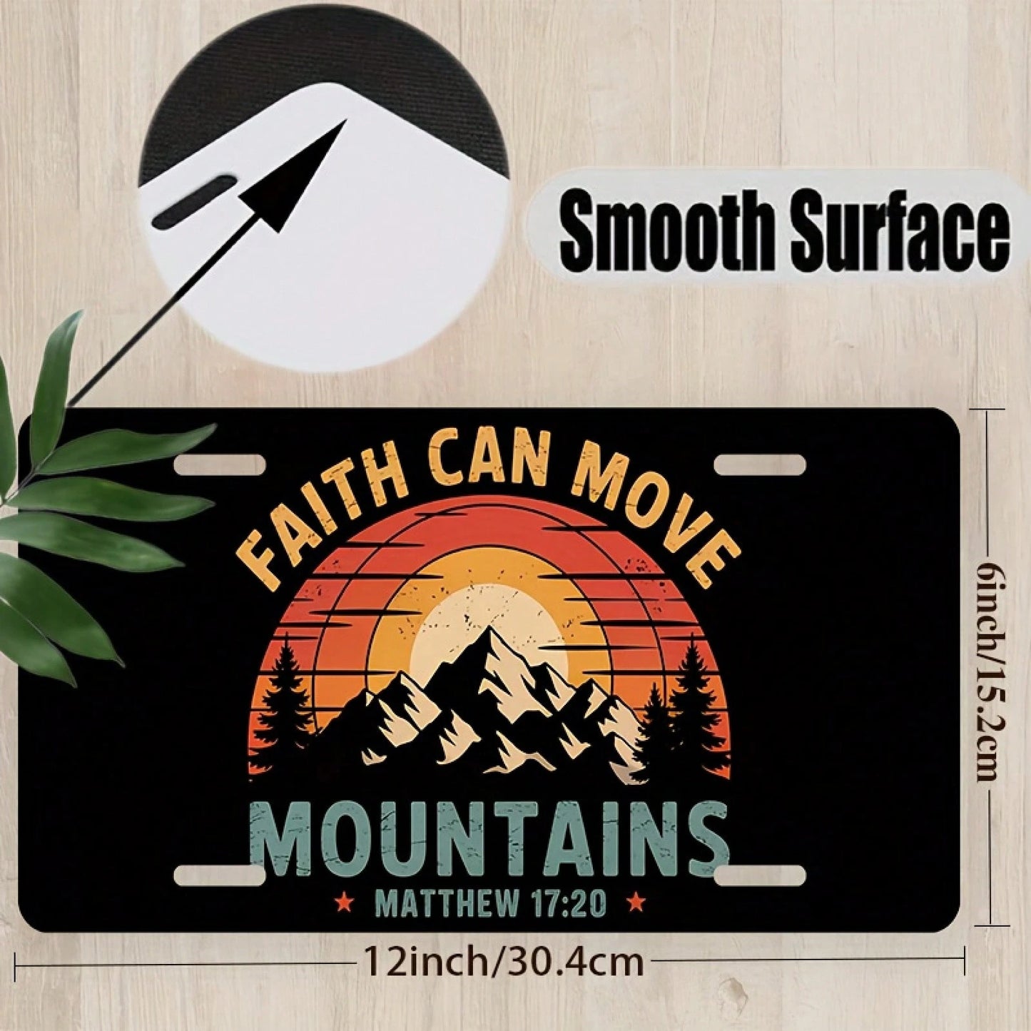 1 Piece "Faith Can Move Mountains" Aluminum License Plate, 6x12 Inch, Featuring A Sunset Mountain Design And A Bible (Matthew 17:20) Unisex, Suitable For All Car, Religious Car Accessories, Car Decor