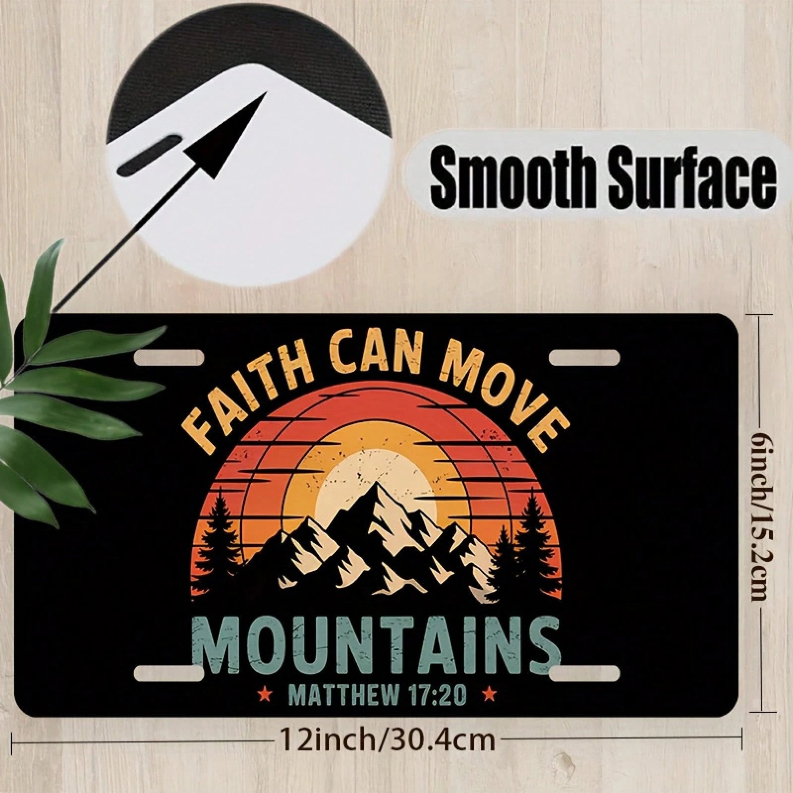 1 Piece "Faith Can Move Mountains" Aluminum License Plate, 6x12 Inch, Featuring A Sunset Mountain Design And A Bible (Matthew 17:20) Unisex, Suitable For All Car, Religious Car Accessories, Car Decor