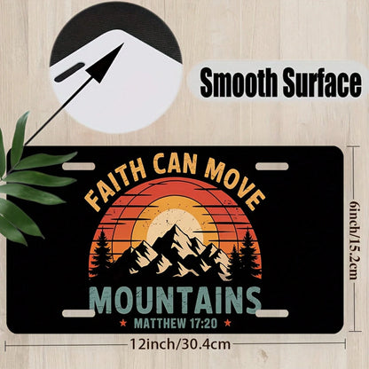 1 Piece "Faith Can Move Mountains" Aluminum License Plate, 6x12 Inch, Featuring A Sunset Mountain Design And A Bible (Matthew 17:20) Unisex, Suitable For All Car, Religious Car Accessories, Car Decor