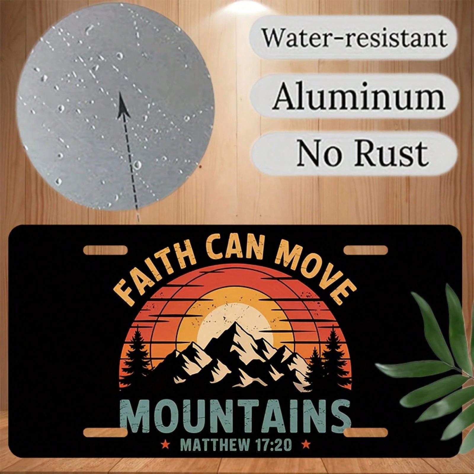 1 Piece "Faith Can Move Mountains" Aluminum License Plate, 6x12 Inch, Featuring A Sunset Mountain Design And A Bible (Matthew 17:20) Unisex, Suitable For All Car, Religious Car Accessories, Car Decor